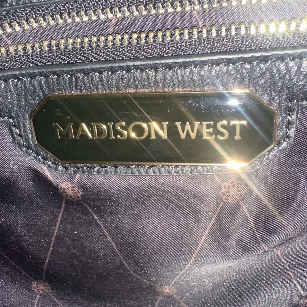 Madison West Faux Leather Convertible Backpack Tan and Black Gold Hardware